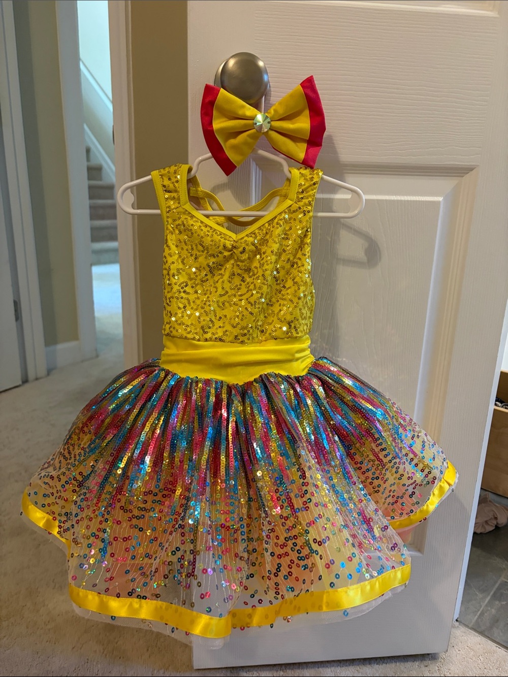 Weissman Yellow Sequin Tutu Dance Costume with Multicolor Skirt